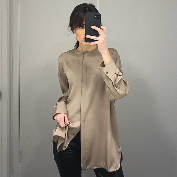 The Row Tops - The Row Cola Silk Banded Collar Oversized Shirt